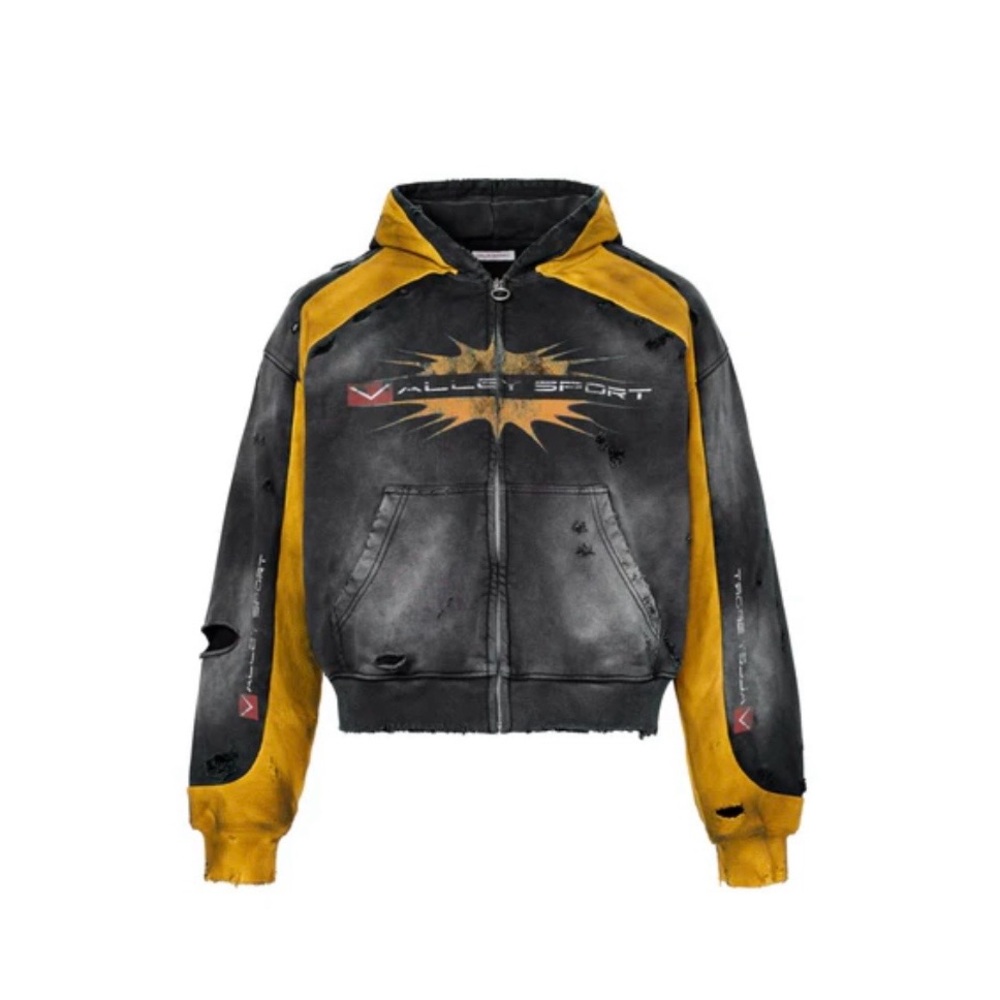 Vallely Sport Black & Mustard Distressed Zip Hoodie